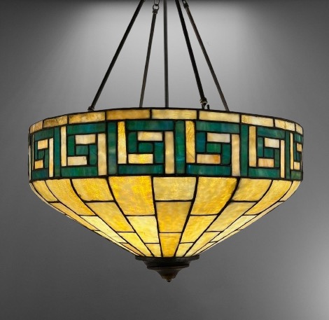 Large Amber and Greek Key Leaded Glass Inverted Dome